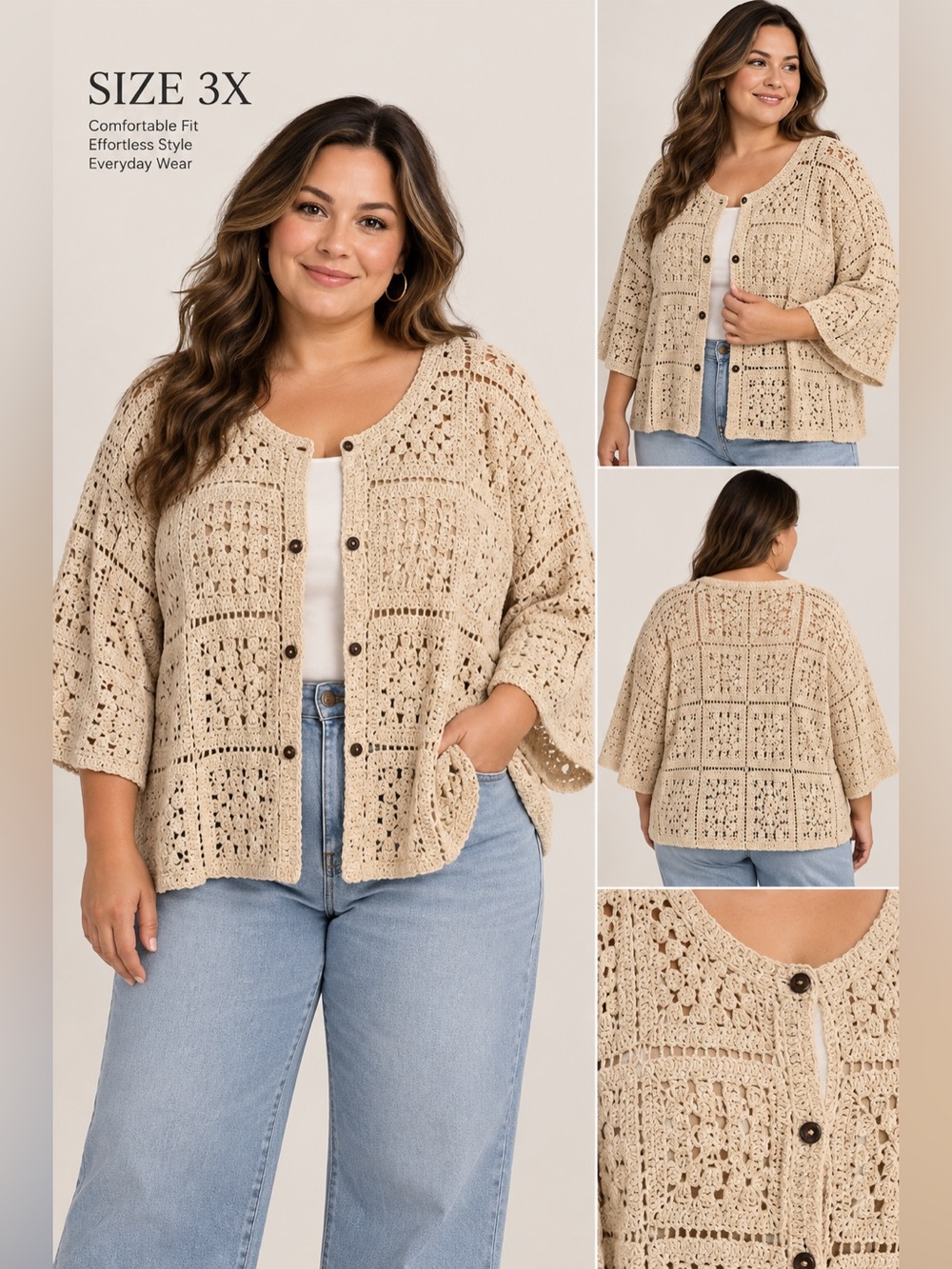 Crochet Button-Front Boxy Sweater Cardigan - Cream